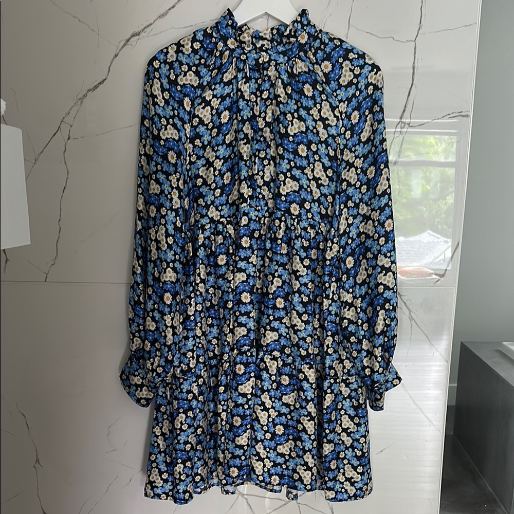 STINE GOYA Blue and White Yellow Daisy Bishop Sleeve Sundress